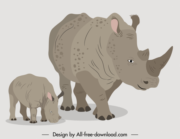 animais rinocerontes ícones mãe bebê esboço 3d design