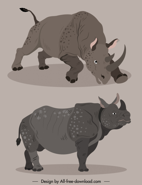 iconos de especies de rinoceronte dibujados a mano dibujos animados 3d boceto
