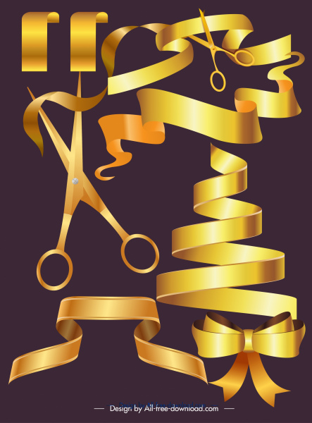 icônes de noeud de ruban modernes brillants croquis 3d d’or