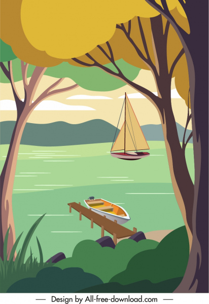 poster pemandangan sungai warna-warni sketsa menenangkan