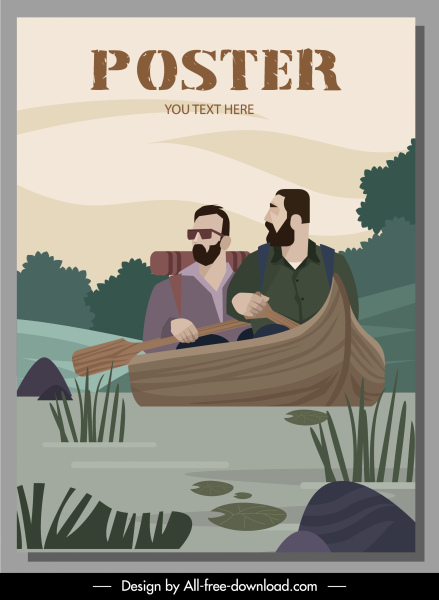 河旅遊海報划船素描卡通設計