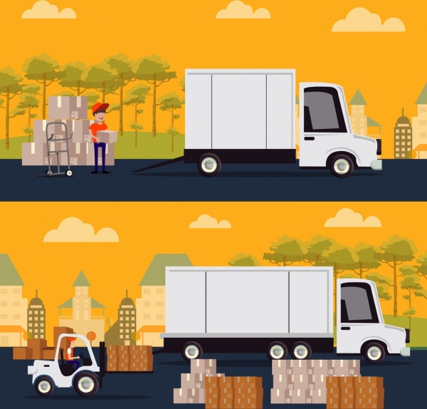 Логистический рисунки дорожных грузовиков коробки человек значки