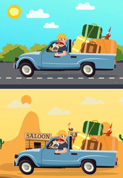viagem de carro bagagem homem colorido dos desenhos animados de desenho