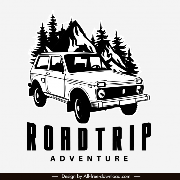 road trip logotipo preto branco mão desenhado carro clássico