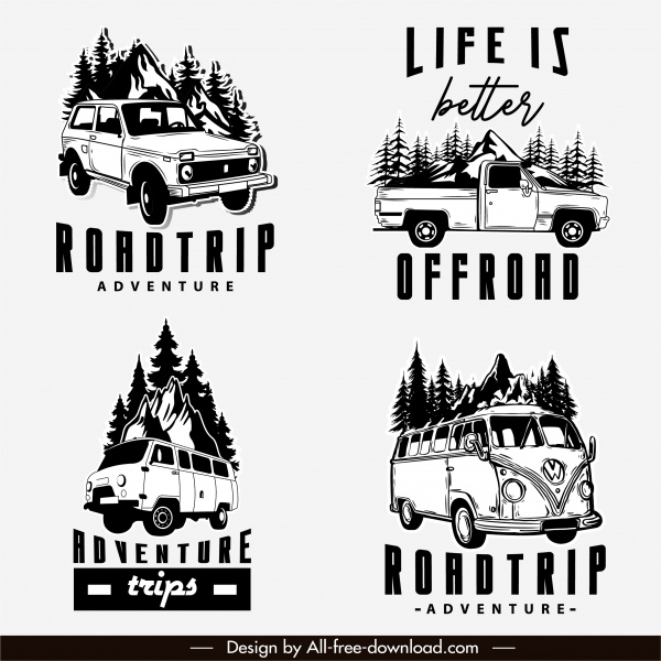 logotipos de viaje por carretera retro diseño vehículos boceto