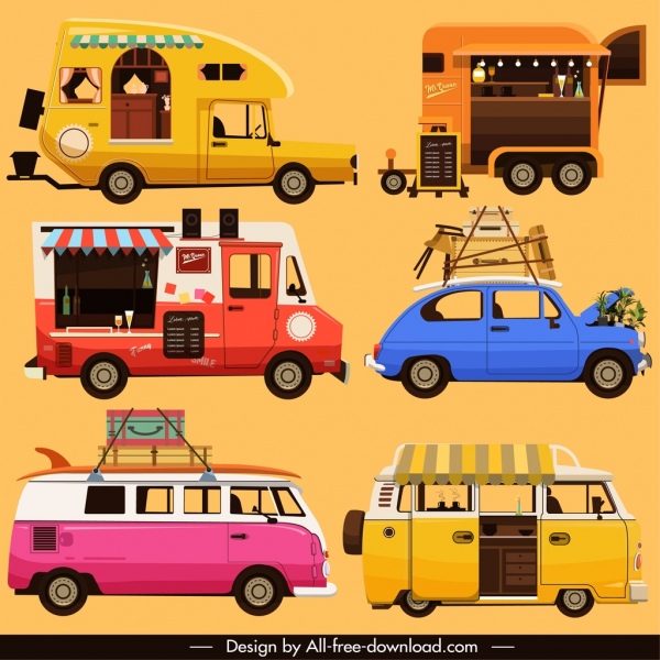 ícones de veículos rodoviários esboço clássico do ônibus do carro da van