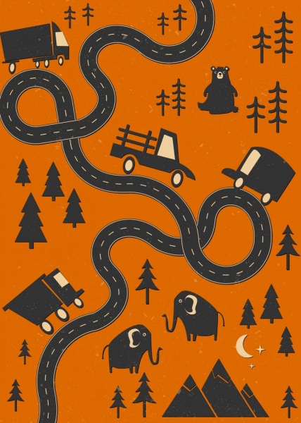 Карта дорог эскиз черный дизайн автомобили животных значки