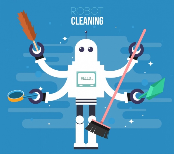 หุ่นยนต์ทำความสะอาดหลายโฆษณามือไอคอนตัวอักษร