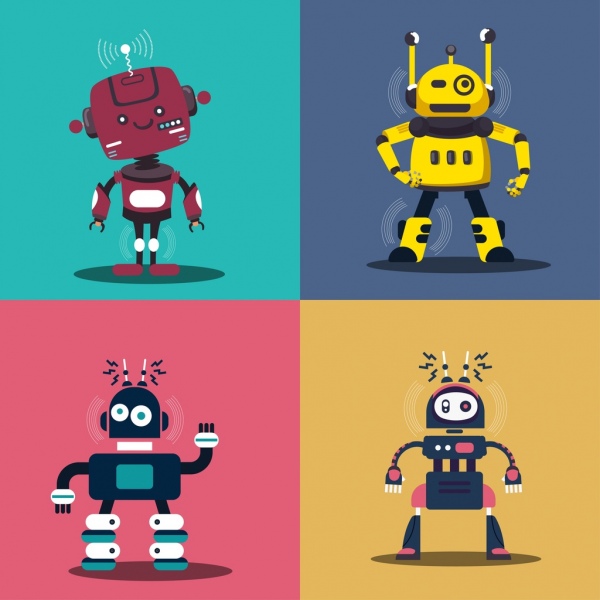 robot ikon set karakter lucu dekorasi klasik