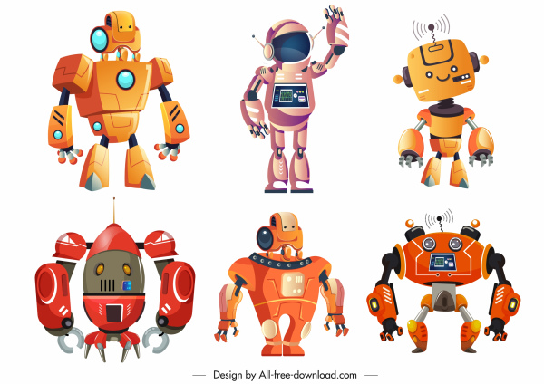 robots iconos coloreado diseño humanoide moderno