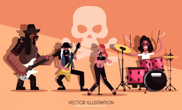 banda de rock, personagens de desenhos animados de ícone de artistas de fundo de publicidade