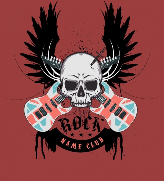 搖滾俱樂部標誌骷髏翼吉他圖標裝潢