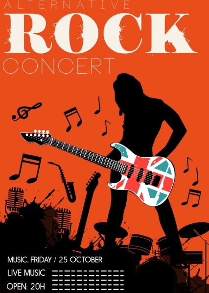 рок концерт плакат силуэт брызг оформлены в стиле гранж