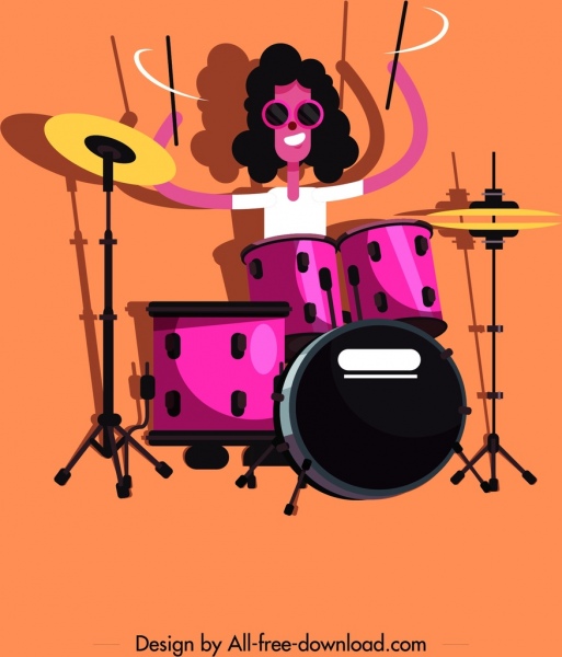 icono de jugador de tambor de roca coloreada de personaje de dibujos animados