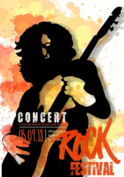 Festival de rock grunge poster jugador silueta acuarela decoracion