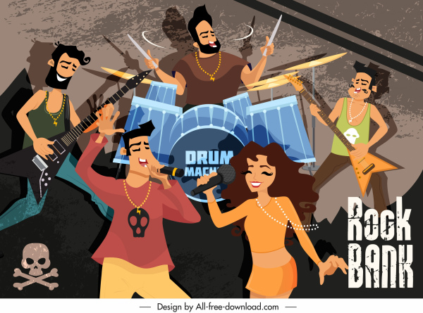 Rock-Musik-Hintergrund spielen Band Skizze Zeichentrickfiguren