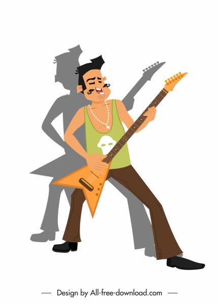 icône de musique de roche exécutant le caractère de dessin animé de croquis de guitariste