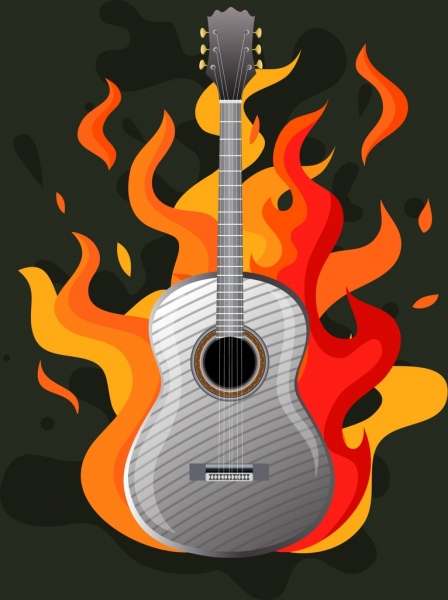 Icone della chitarra classica sfondo festa di roccia rosso fuoco