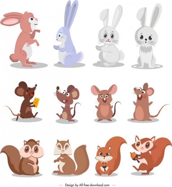 animaux rongeurs icônes lapin souris caractères d'écureuil