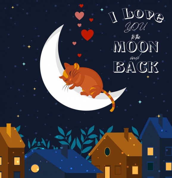 Romance gato Crescent corazón icono Fondo de dibujos animados de colores