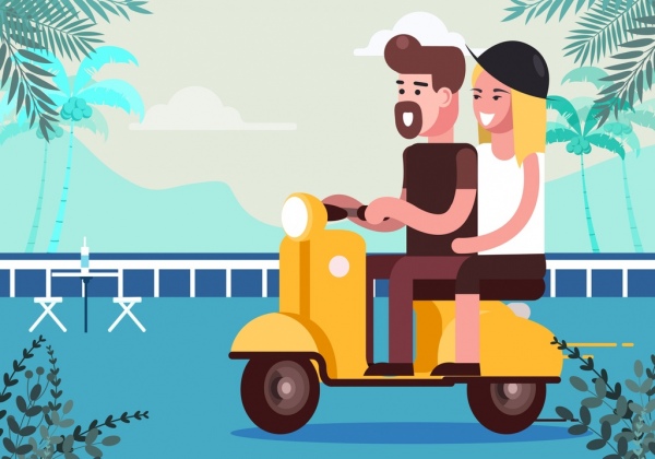 浪漫背景夫妇骑摩托车卡通设计