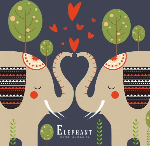 Romantik-Hintergrund küssen Elefanten Symbole symmetrischen design