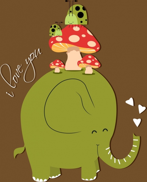 éléphant de modèle Romance carte coccinelle icônes décor de champignons