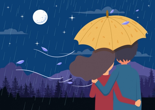 Romance Drawing Couple Rain Moonlight Icons Colored Cartoon-vector Cartoon-free  Vector Free Download
