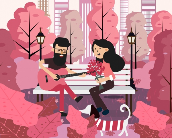Romantyczne malarstwo szczęśliwa para park ikona kolorowy kreskówka