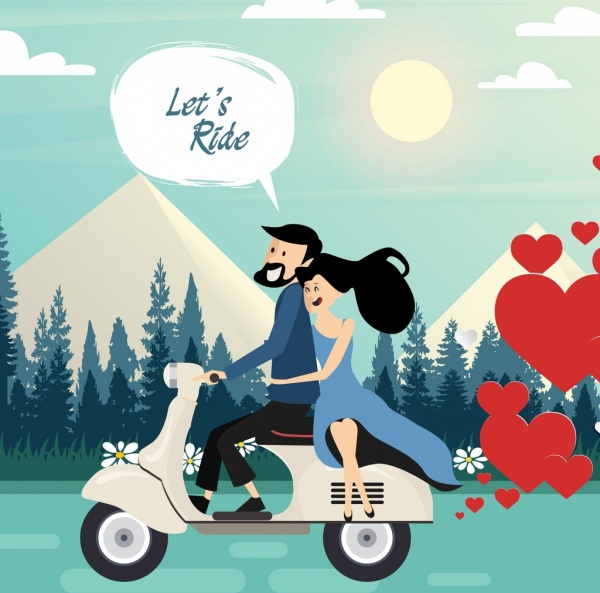 浪漫的背景夫妇骑踏板车的卡通设计