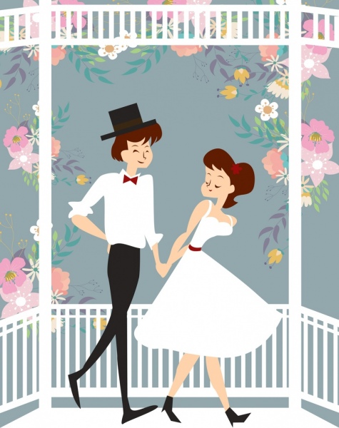 تصميم الكرتون ديكور الزهور في الخلفية رومانسية حب الزوجين