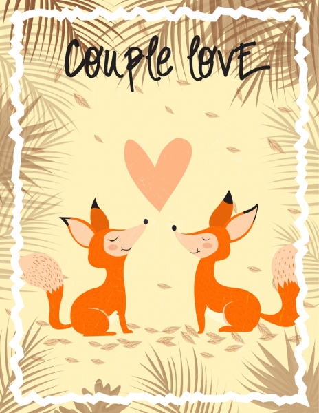 浪漫的卡片模板狐狸夫妇叶装饰
