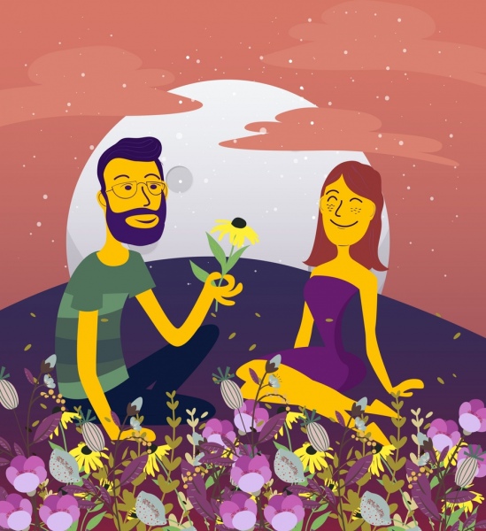 ロマンチックなカップルは図面の花の装飾色漫画デザイン