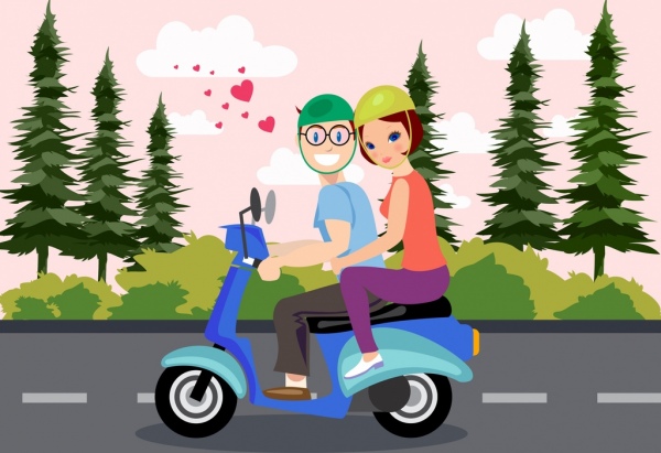 Pasangan romantis menggambar motor jantung ikon berwarna kartun