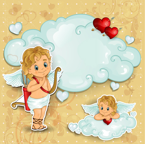 Cupidos romántico con el vector de elemento del día de San Valentín del nube de texto