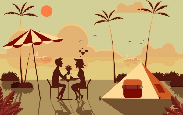 浪漫的日期背景爱夫妇海滩图标剪影装饰