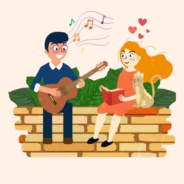 Romantic Drawing Couple Dating Guitar Music Colored Cartoon-vector Cartoon-free  Vector Free Download