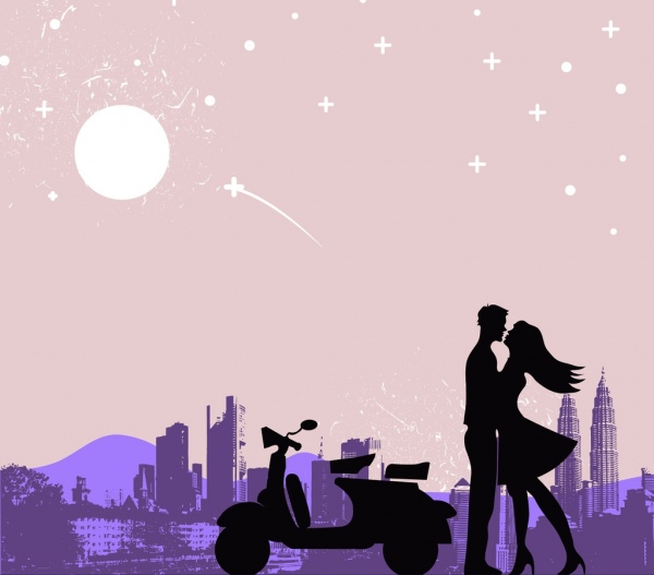 casal de desenho romântico beijando ícones luar silhouette decoração