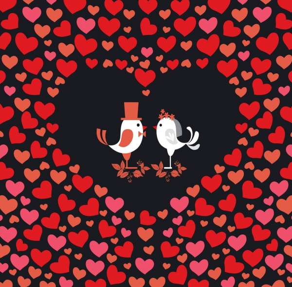 Iconos de corazones fondo romántico aves estilizadas diseño de dibujos animados