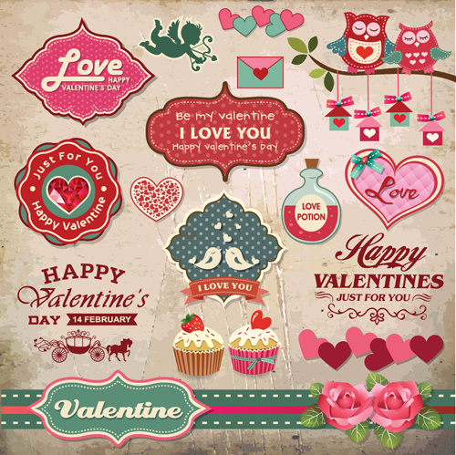 valentine romantis retro label dan dekorasi vektor