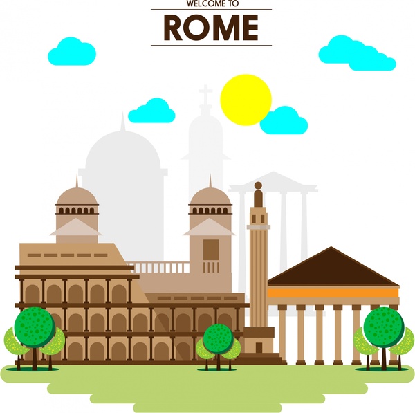 ビネットの背景にローマのプロモーション バナー有名な建造物
