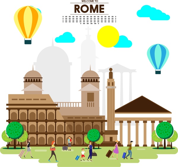 建物の観光客、風船とローマ観光バナー