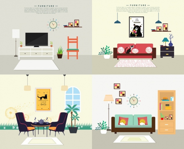 publicidade de decoração de quarto define ícones de móveis sala de estar