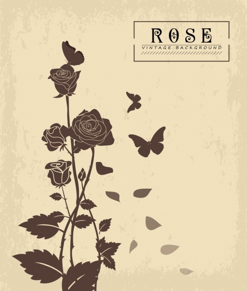 玫瑰蝴蝶背景復古風格黑色剪影裝飾