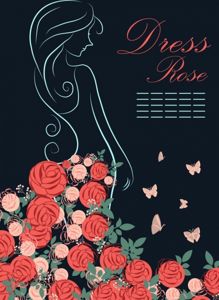 バラのドレスの女性のシルエットの装飾の概要