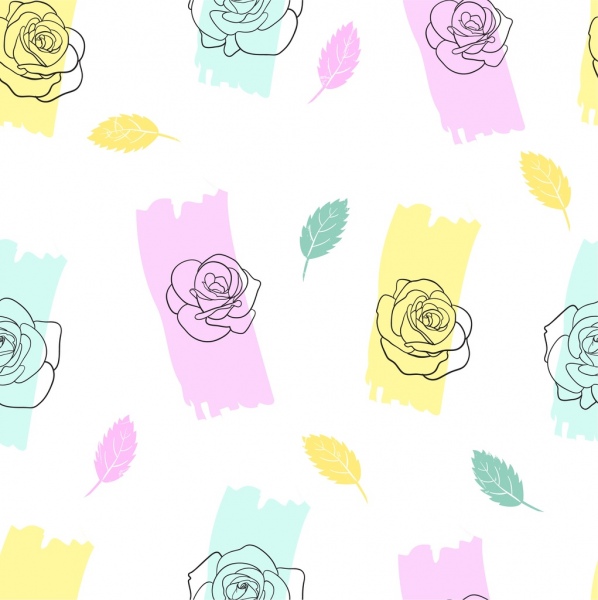 mawar daun latar belakang berwarna-warni handdrawn sketsa
