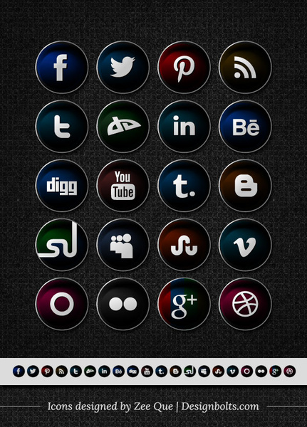 conjunto de ícones de rede social preto redondo