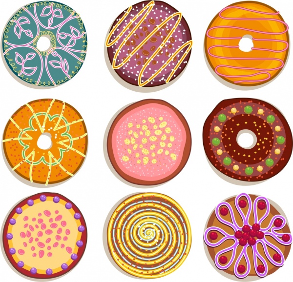 라운드 케이크 아이콘 컬렉션 여러 가지 빛깔의 장식