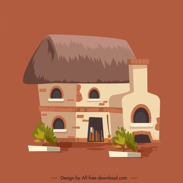 农村房子图标彩色经典素描