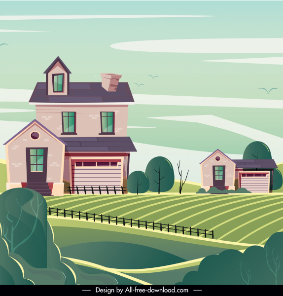 сельский пейзаж фон полевые дома эскиз классический дизайн